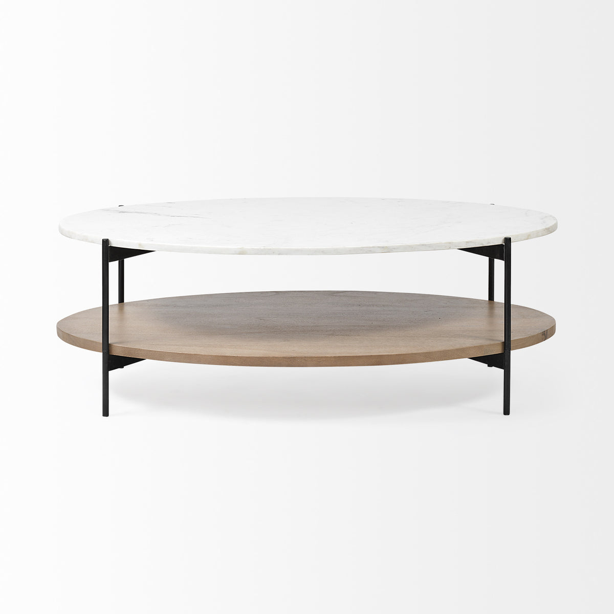 48" Brown and Black Genuine Marble and Metal Oval Coffee Table With Shelf