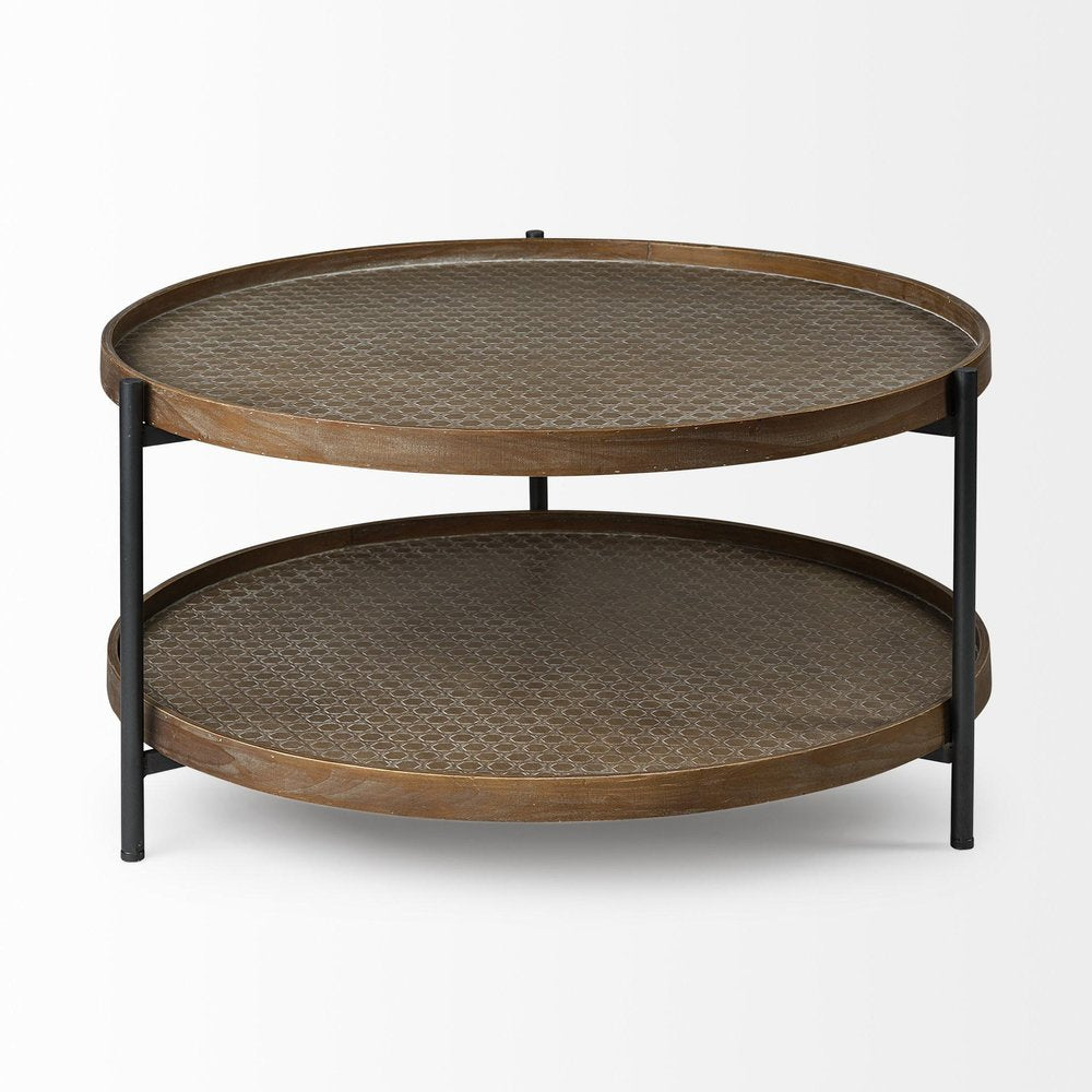 33" Brown and Black Solid Wood and Iron Round Coffee Table With Shelf