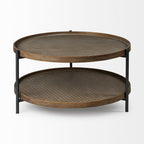 33" Brown and Black Solid Wood and Iron Round Coffee Table With Shelf