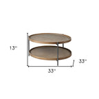 33" Brown and Black Solid Wood and Iron Round Coffee Table With Shelf