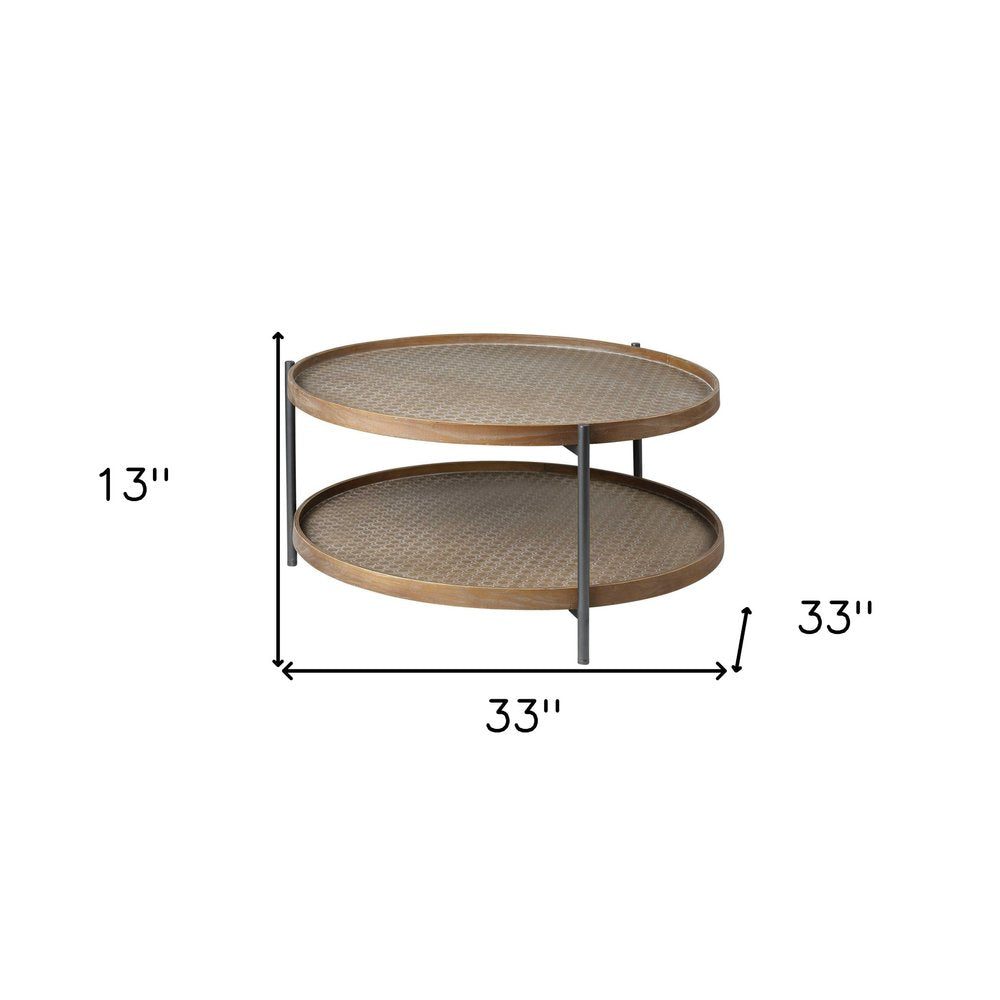 33" Brown and Black Solid Wood and Iron Round Coffee Table With Shelf