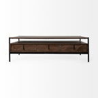 56" Brown and Black Solid Wood and Metal Coffee Table With Three Drawers