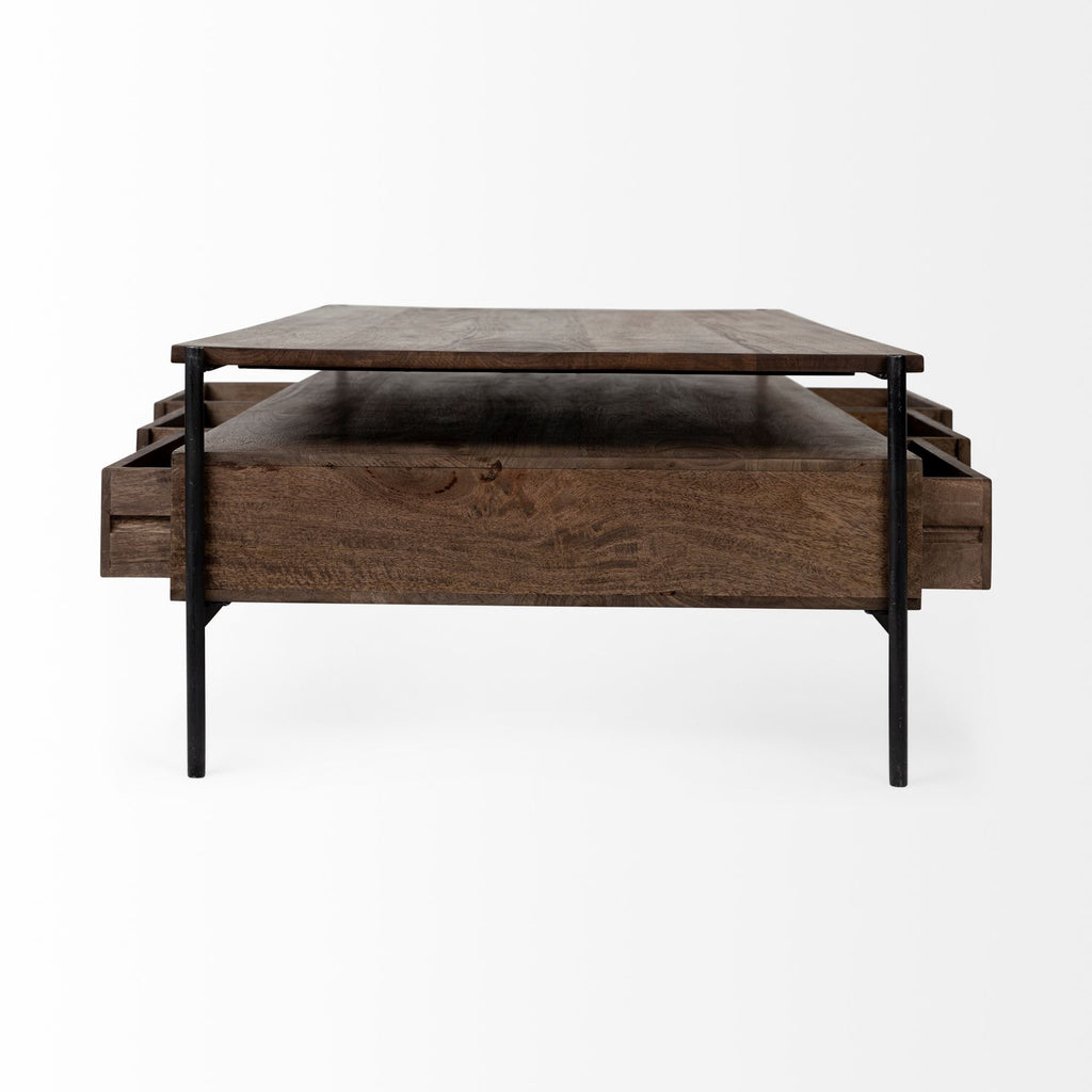 56" Brown and Black Solid Wood and Metal Coffee Table With Three Drawers