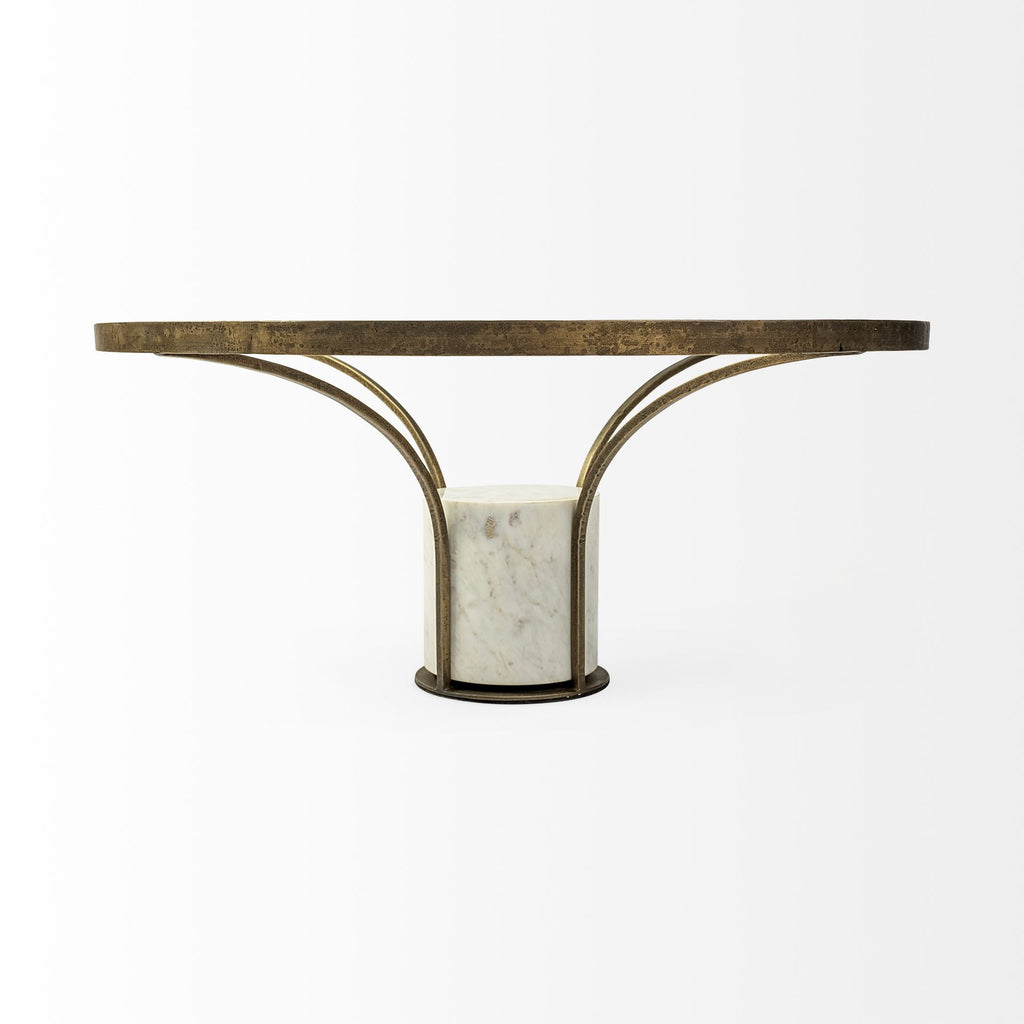 36" Antiqued Gold And White Glass Iron and Marble Round Pedestal Coffee Table