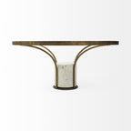 36" Antiqued Gold And White Glass Iron and Marble Round Pedestal Coffee Table