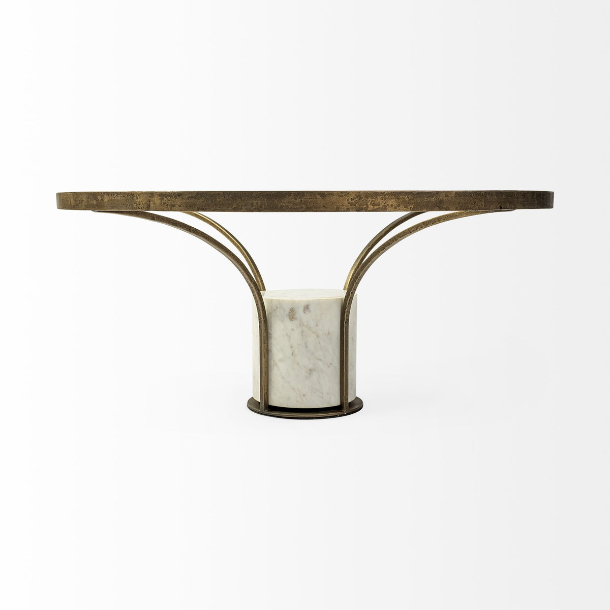 36" Antiqued Gold And White Glass Iron and Marble Round Pedestal Coffee Table
