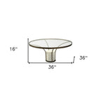 36" Antiqued Gold And White Glass Iron and Marble Round Pedestal Coffee Table