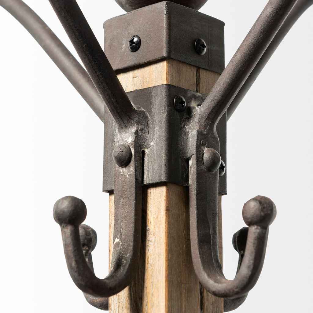 75" Black And Brown Solid Wood And Steel Twelve Hook Freestanding Coat Rack