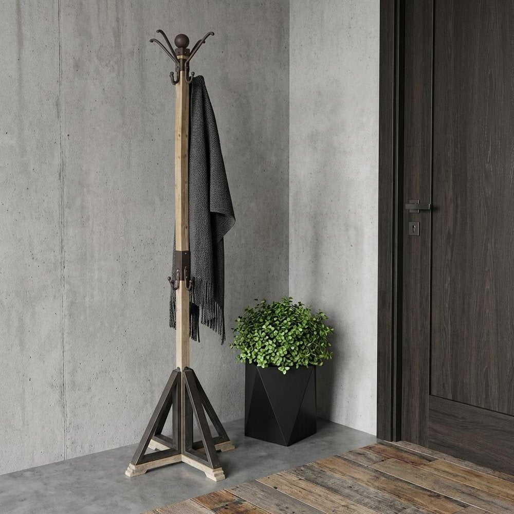 75" Black And Brown Solid Wood And Steel Twelve Hook Freestanding Coat Rack