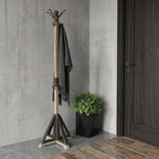 75" Black And Brown Solid Wood And Steel Twelve Hook Freestanding Coat Rack