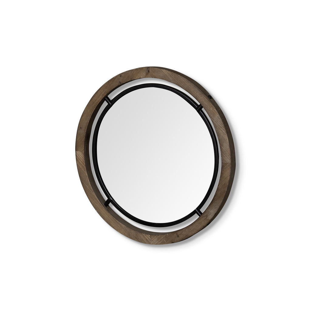 19" Black And Brown Metal And Solid Wood Round Geometric Framed Accent Mirror