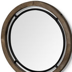 19" Black And Brown Metal And Solid Wood Round Geometric Framed Accent Mirror