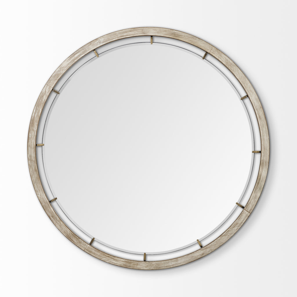 54" Brown Round Wood And Metal Framed Accent Mirror