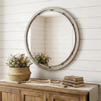 54" Brown Round Wood And Metal Framed Accent Mirror