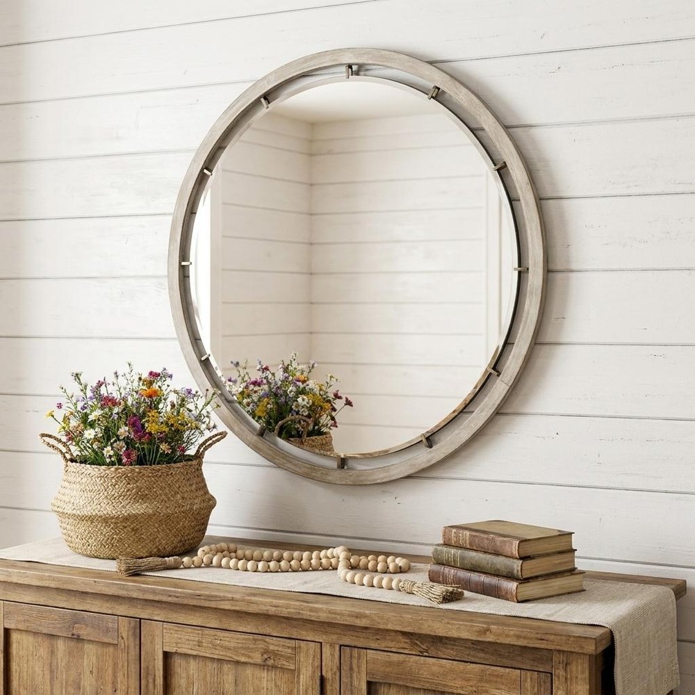 54" Brown Round Wood And Metal Framed Accent Mirror