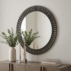 42" Round Black Metal Frame Wall Mirror With Wood Beads