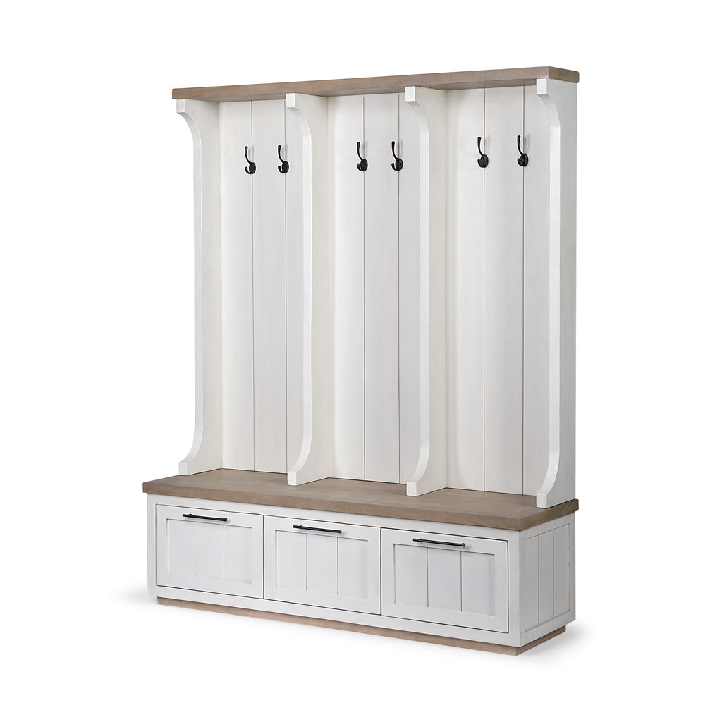 76" White Solid Wood Six Hook Freestanding Coat Rack