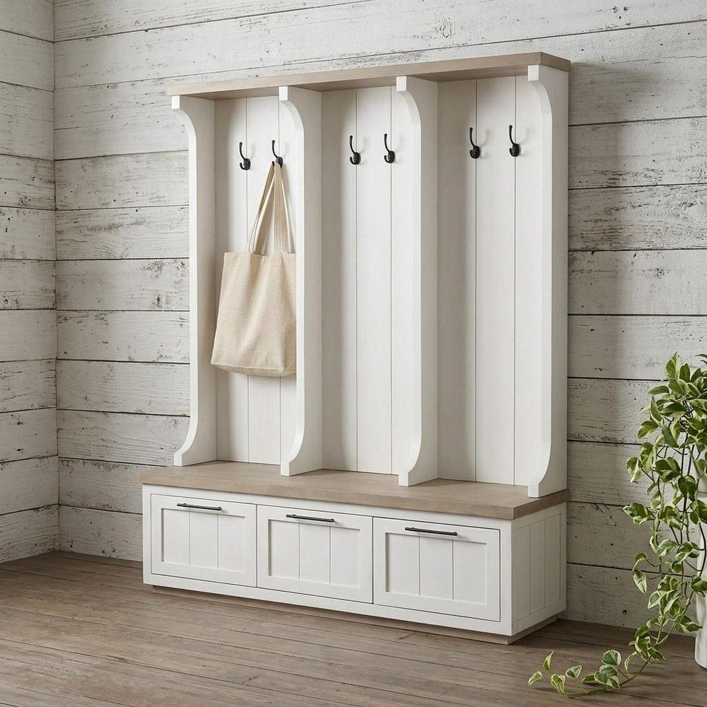 76" White Solid Wood Six Hook Freestanding Coat Rack