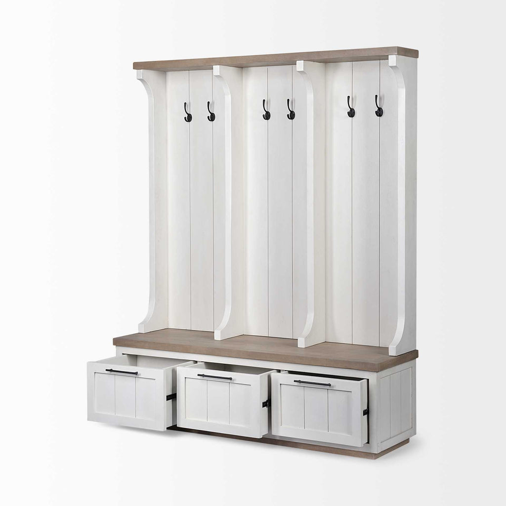 76" White Solid Wood Six Hook Freestanding Coat Rack