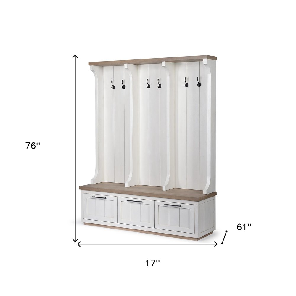 76" White Solid Wood Six Hook Freestanding Coat Rack