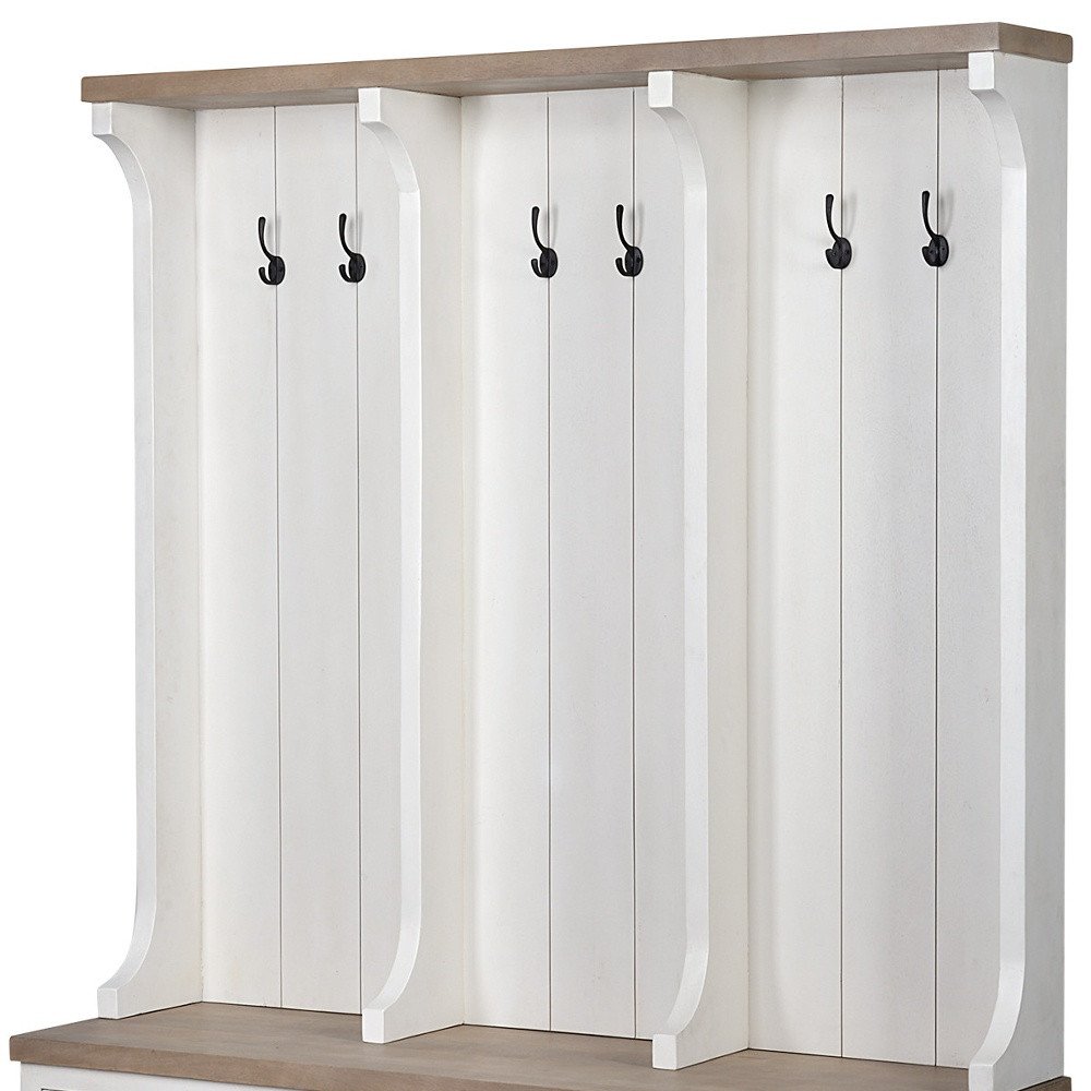 76" White Solid Wood Six Hook Freestanding Coat Rack
