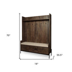 Brown Wood Cream Fabric Wrapped Seat Hall Tree With Storage