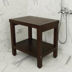Compact Rectangular Teak Shower Or Outdoor Bench With Shelf In Brown Finish