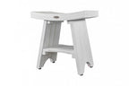 Compact Curvilinear Teak Shower Outdoor Bench With Shelf In Driftwood Finish
