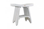 Compact Curvilinear Teak Shower Outdoor Bench With Shelf In Driftwood Finish