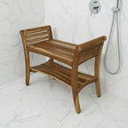 Rectangular Teak Shower Bench With Shelf And Handles In Naturalfinish
