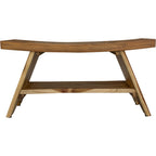 35" Teak Rectangular Shower Outdoor Bench With Shelf In Natural Finish