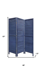 67" Dark Blue Solid Wood Folding Three Panel Screen Room Divider