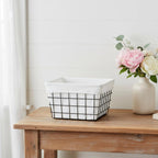 13" Black And White Fabric And Metal Basket