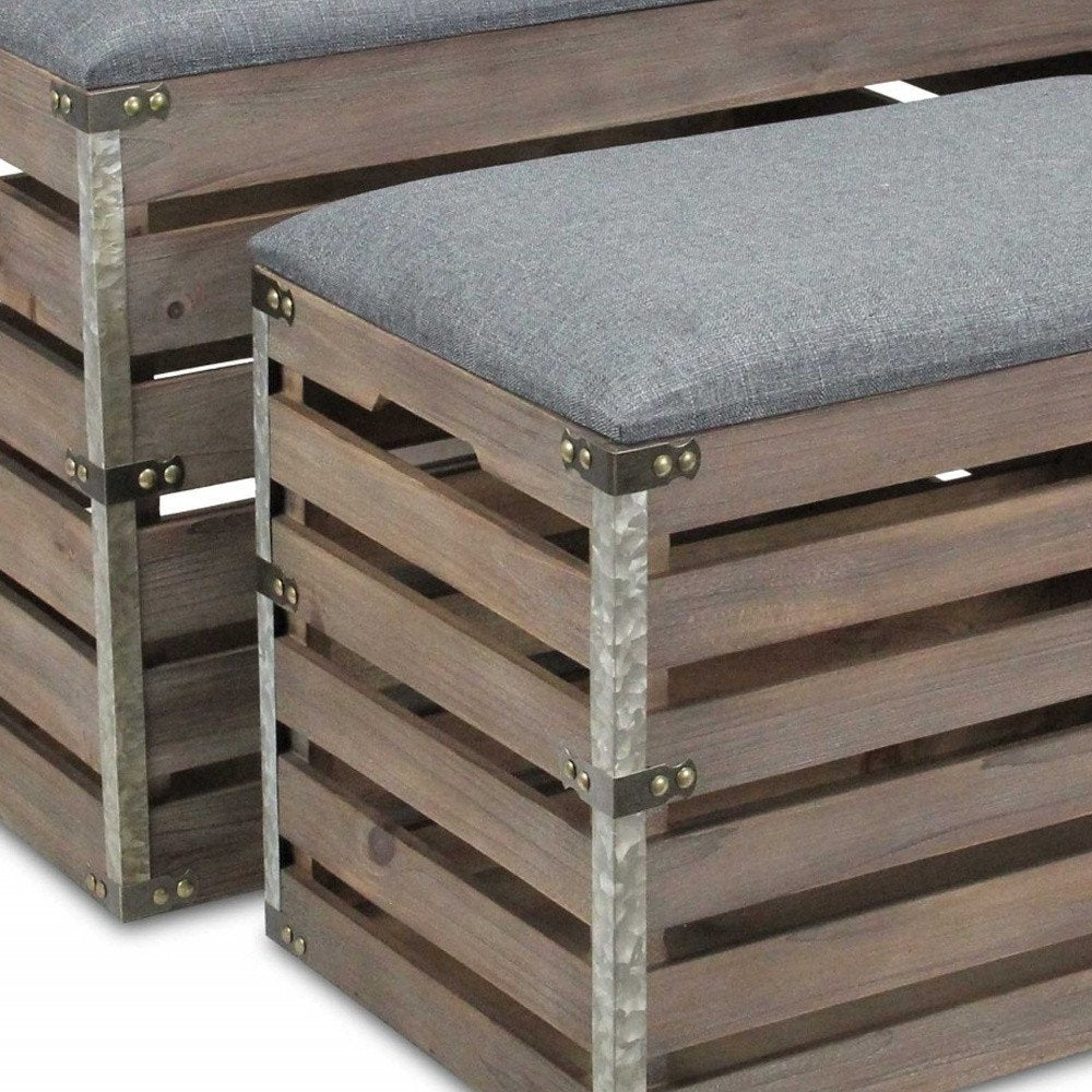 24" Gray and Brown Linen Upholstered Storage Bench with Flip Top