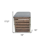 Set Of 2 Square Gray Linen Fabric And Wood Slats Storage Benches