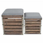 Set Of 2 Square Gray Linen Fabric And Wood Slats Storage Benches