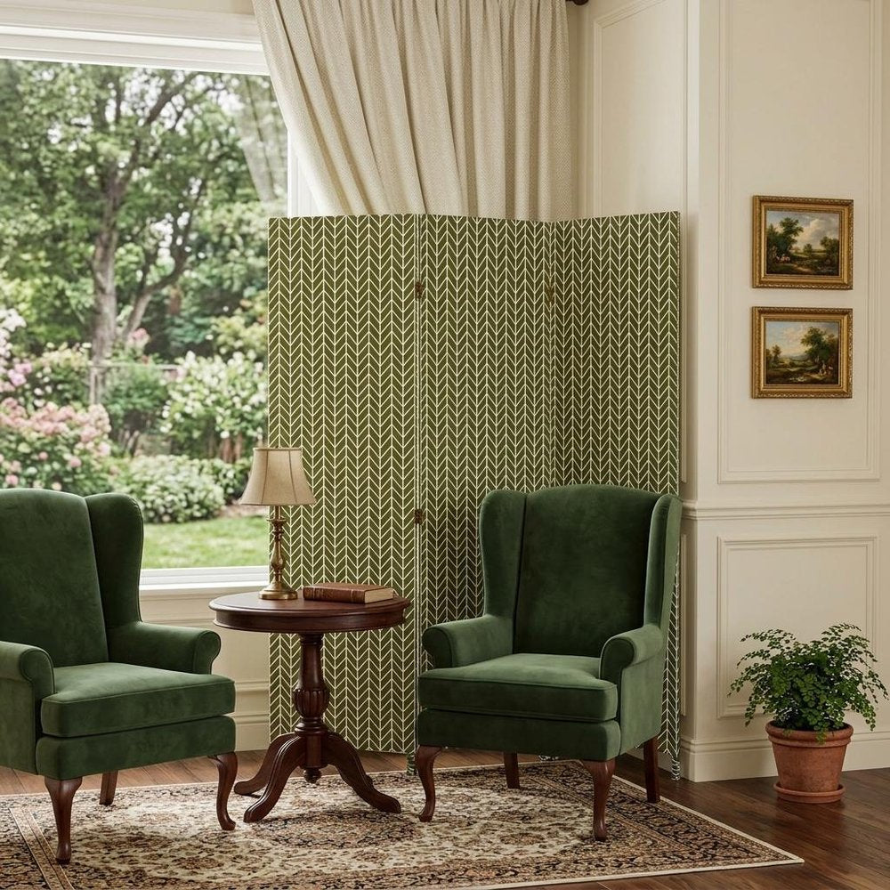71" Green Fabric Folding Three Panel Screen Room Divider