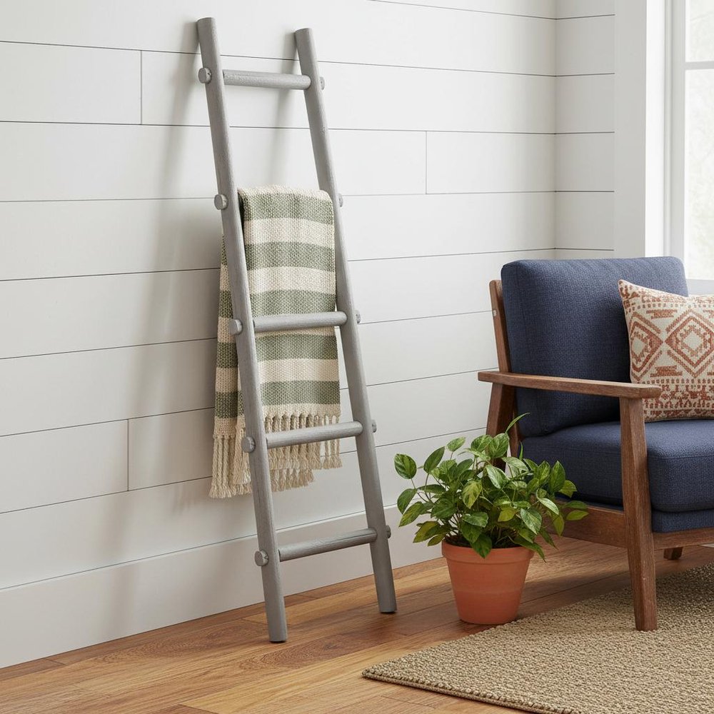 59" Gray Distressed Solid Wood Five Step Ladder Shelf