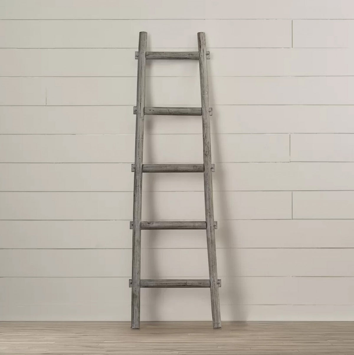 59" Gray Distressed Solid Wood Five Step Ladder Shelf