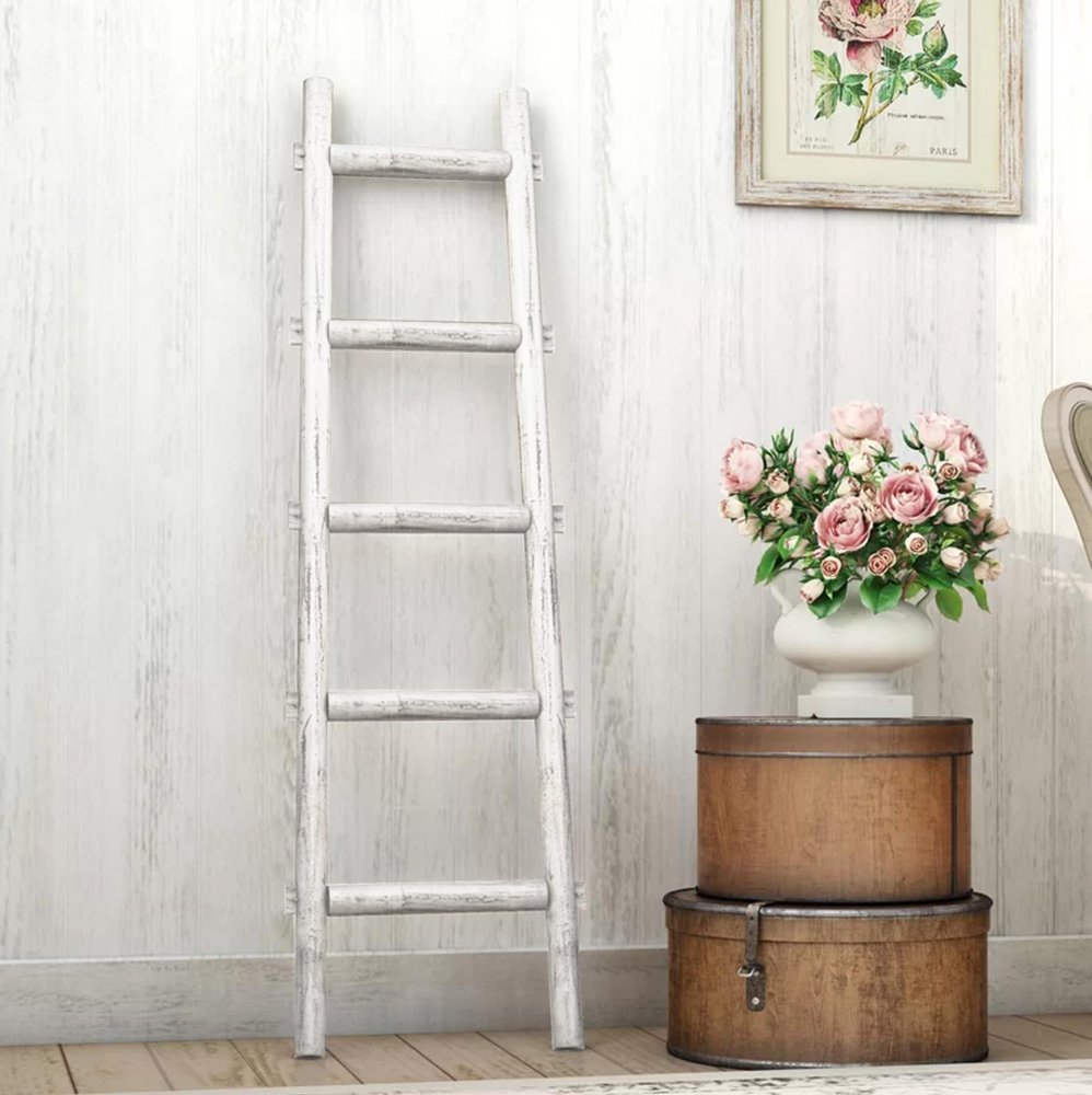 59" Gray Distressed Solid Wood Five Step Ladder Shelf