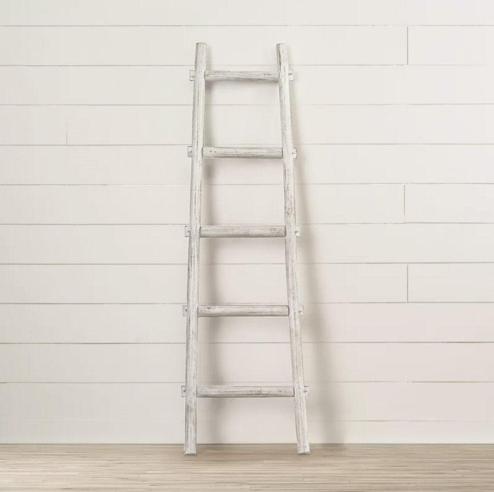 59" Gray Distressed Solid Wood Five Step Ladder Shelf