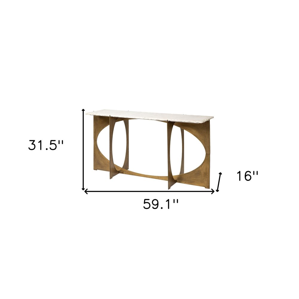 59" White and Gold Genuine Marble and Metal Geo Base Console Table