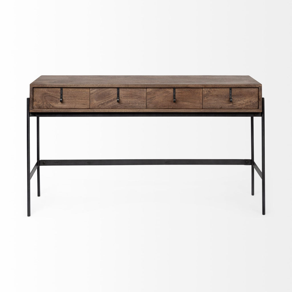 56" Brown and Black Solid Wood and Metal Distressed Console Table With Four Drawers