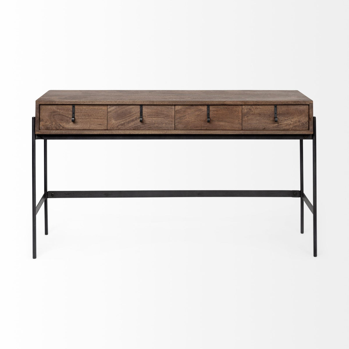 56" Brown and Black Solid Wood and Metal Distressed Console Table With Four Drawers