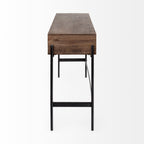 56" Brown and Black Solid Wood and Metal Distressed Console Table With Four Drawers