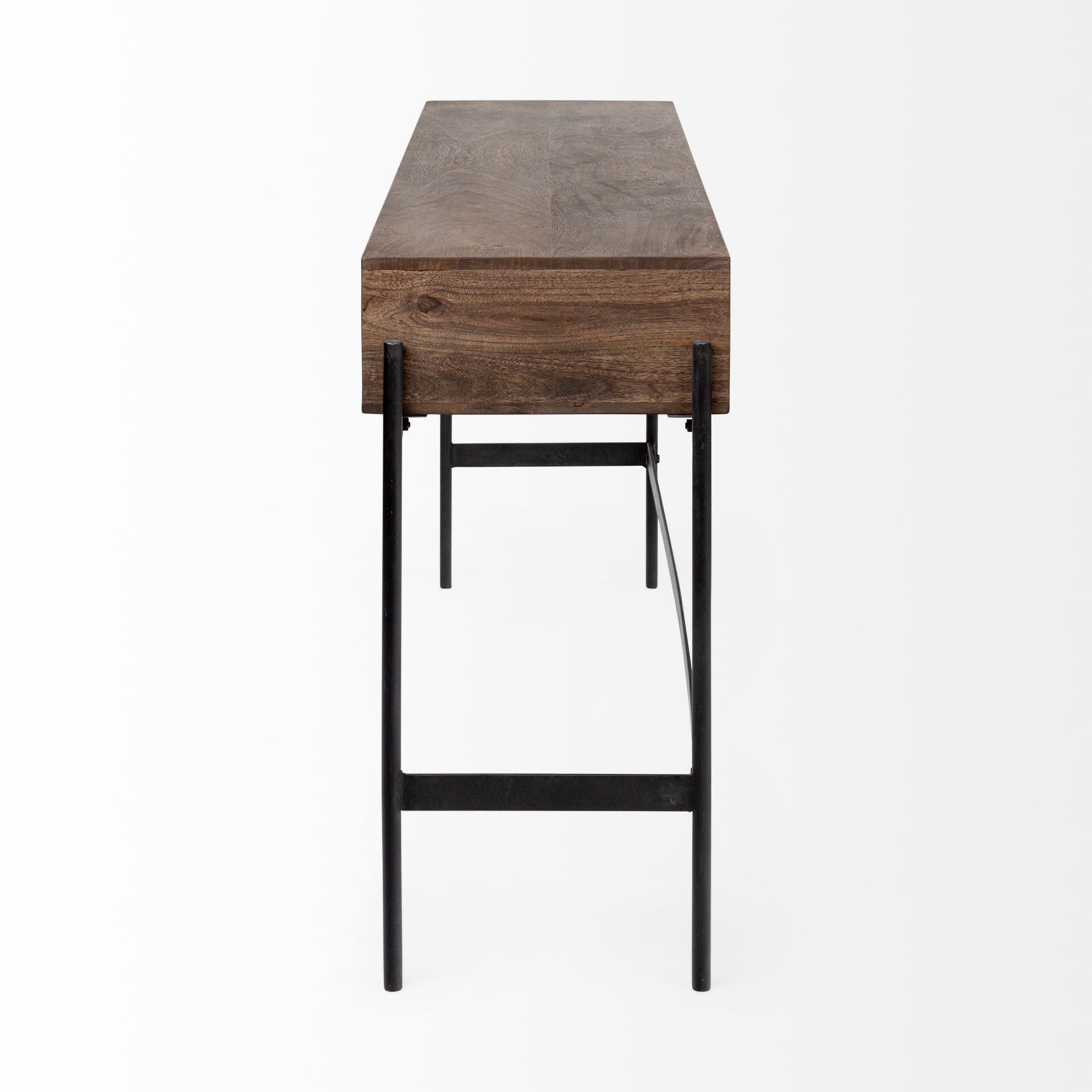56" Brown and Black Solid Wood and Metal Distressed Console Table With Four Drawers