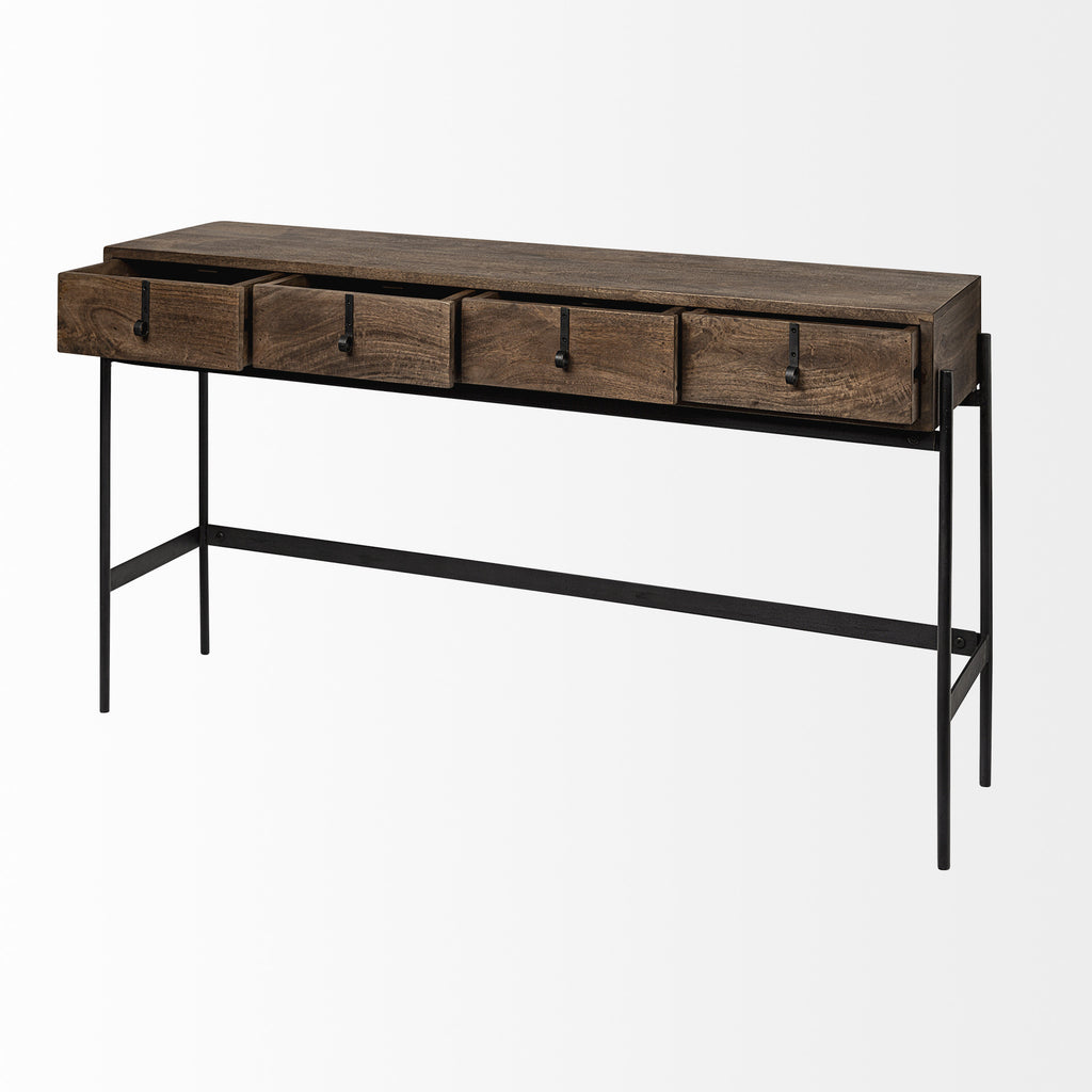 56" Brown and Black Solid Wood and Metal Distressed Console Table With Four Drawers