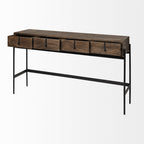 56" Brown and Black Solid Wood and Metal Distressed Console Table With Four Drawers