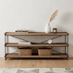 80" Light Brown and Black Solid Wood and Iron Console Table With Two Shelves