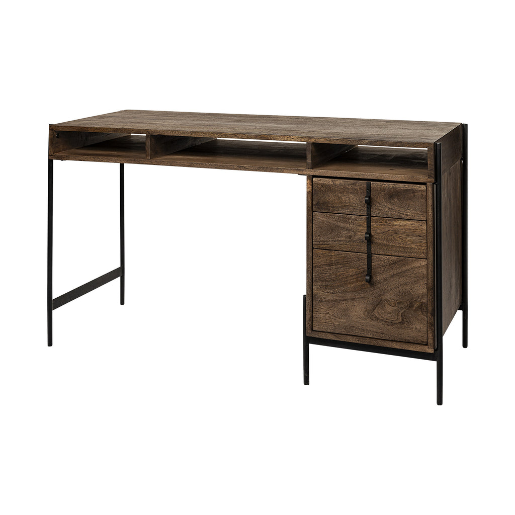 56" Medium Brown Wooden Writing Desk With 3 Drawers And 3 Open Shelves